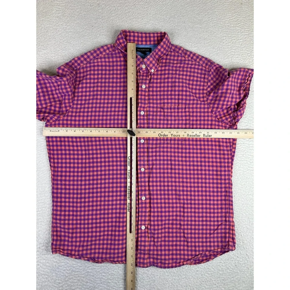 Banana Republic Shirt Men's XL Orange Purple Check Linen Cotton S/S Button Up